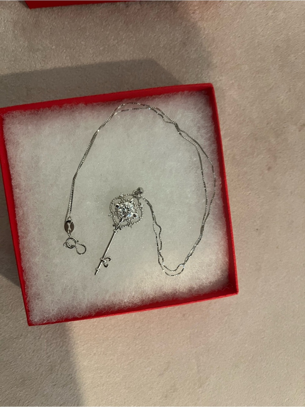Sterling Silver Key Pendant Necklace with Clear Crystal Accent - Silver